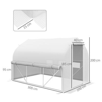 Outsunny 3 x 2m Walk-in Polytunnel Greenhouse, Zipped Roll Up Sidewalls, Mesh Door, Mesh Windows, Tunnel Warm House Tent w/ PE Cover, White