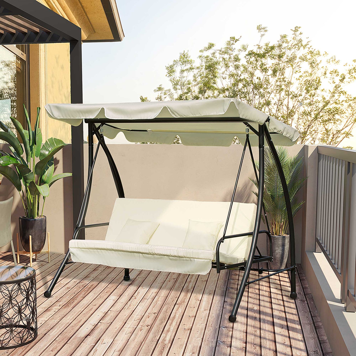 Outsunny 3 Seater Swing Chair 2-in-1 Hammock Bed Patio Garden Chair with Adjustable Canopy and Cushions, Cream White