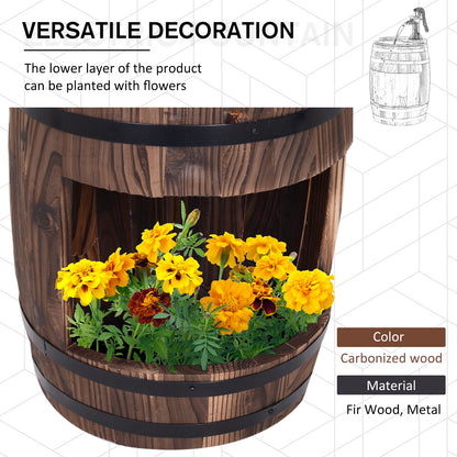 Outsunny Wood Barrel Patio Water Fountain Electric Pump Garden Decorative Ornament with Flower Planter Decor