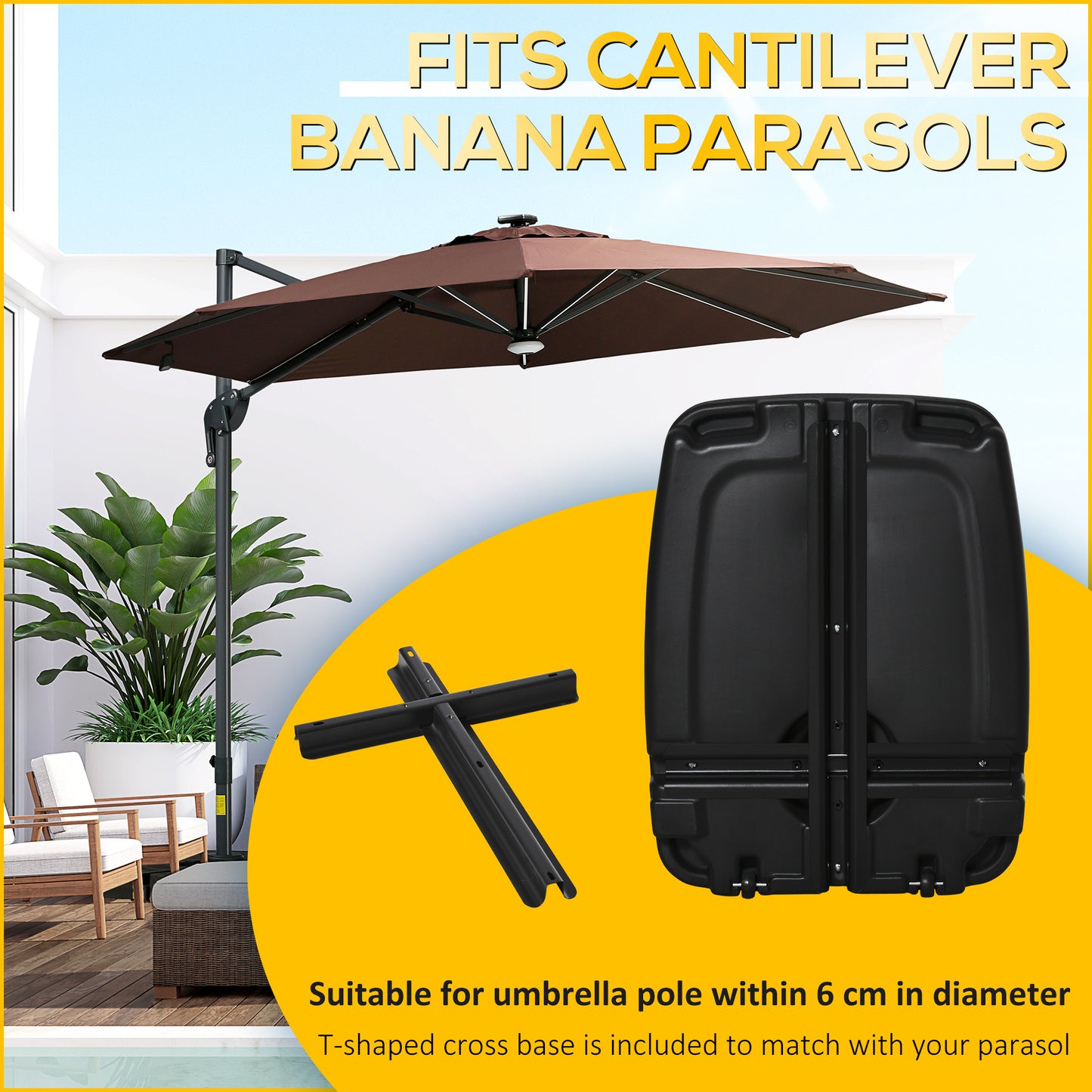 Outsunny 7kg Outdoor Umbrella Base Portable Umbrella Stand Weights for Cantilever Banana Parasol w/ Wheels, Water and Sand Filled, Up to 75kg, Black