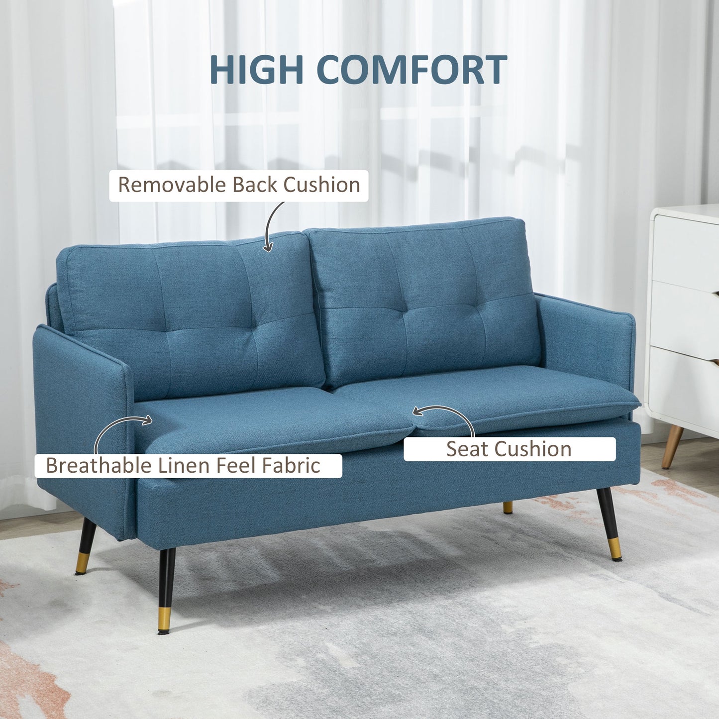 HOMCOM 2 Seater Sofas for Living Room, Fabric Couch, Button Tufted Love Seat with Cushions, Dark Blue