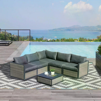 Outsunny Rattan Garden Sofa Set, 5-Seater with Coffee Table & Padded Cushions, Weather-Resistant, Grey.
