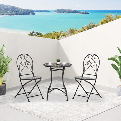 Outsunny 3 Piece Garden Outdoor Bistro Set with Coffee Table and 2 Folding Chairs, Mosaic Tile Top and Seats, Metal Frame, for Patio Balcony