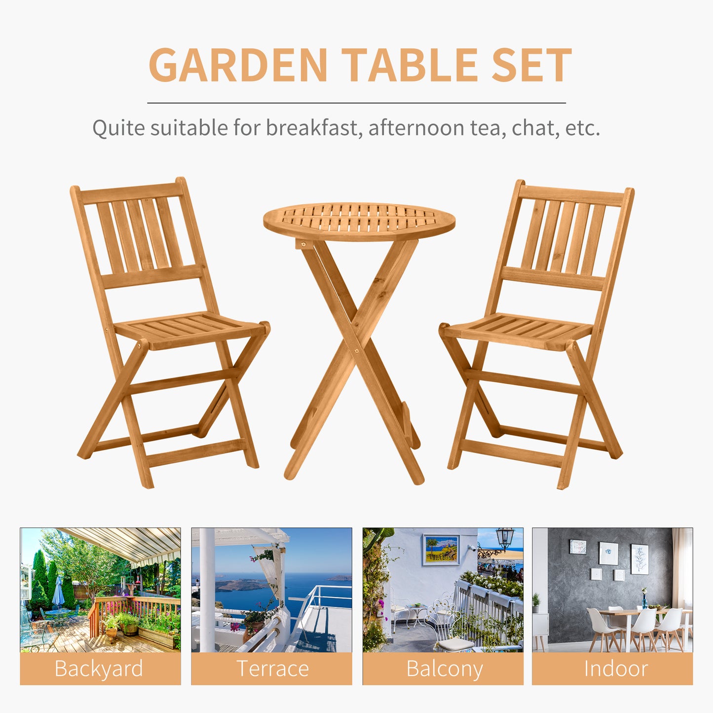 Outsunny 3 Piece Folding Bistro Set, Wooden Garden Table and Chairs for Outdoor, Patio, Yard, Porch, Teak