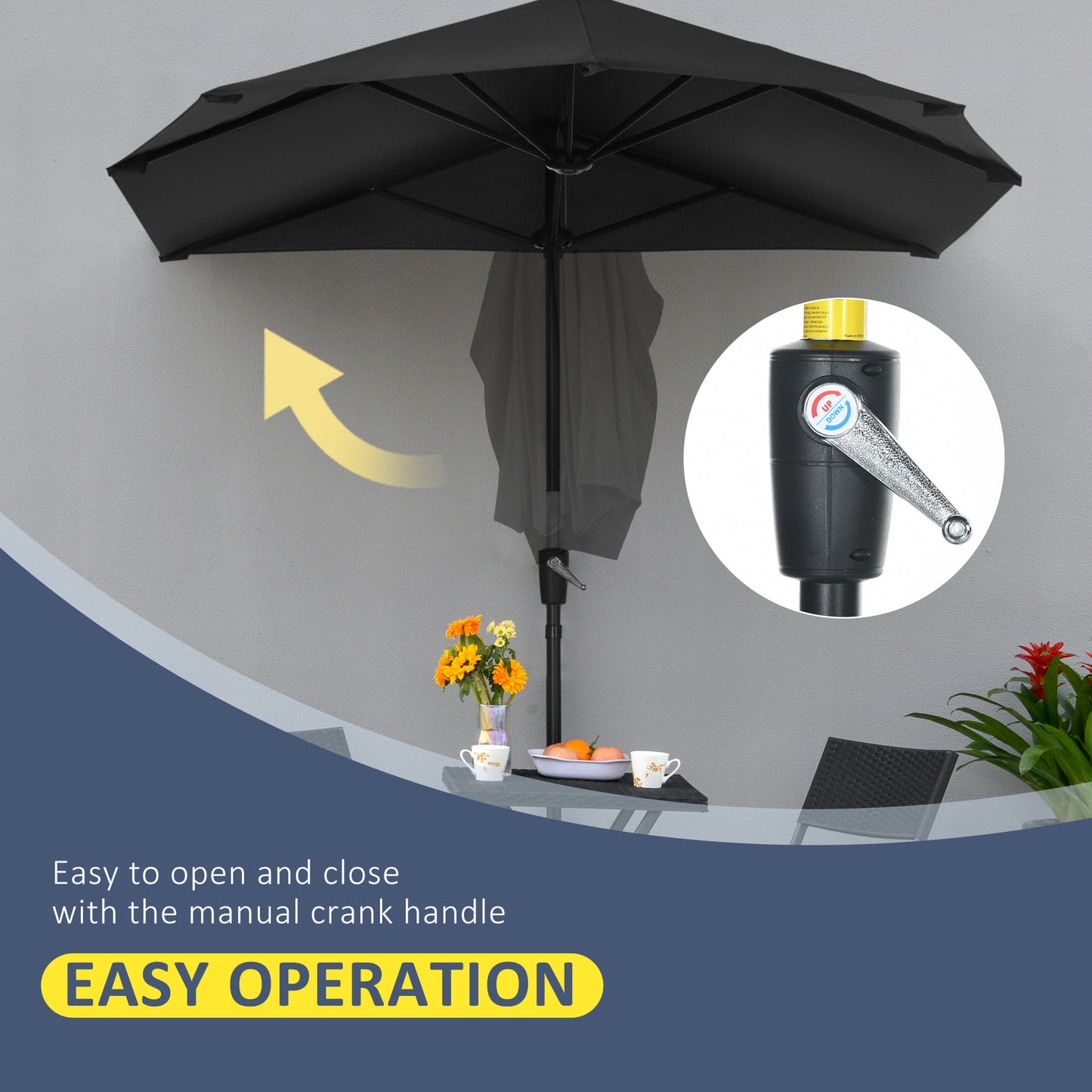 Outsunny 2m Half Parasol Market Umbrella Garden Balcony Parasol with Crank Handle, Base, Double-Sided Canopy, Black