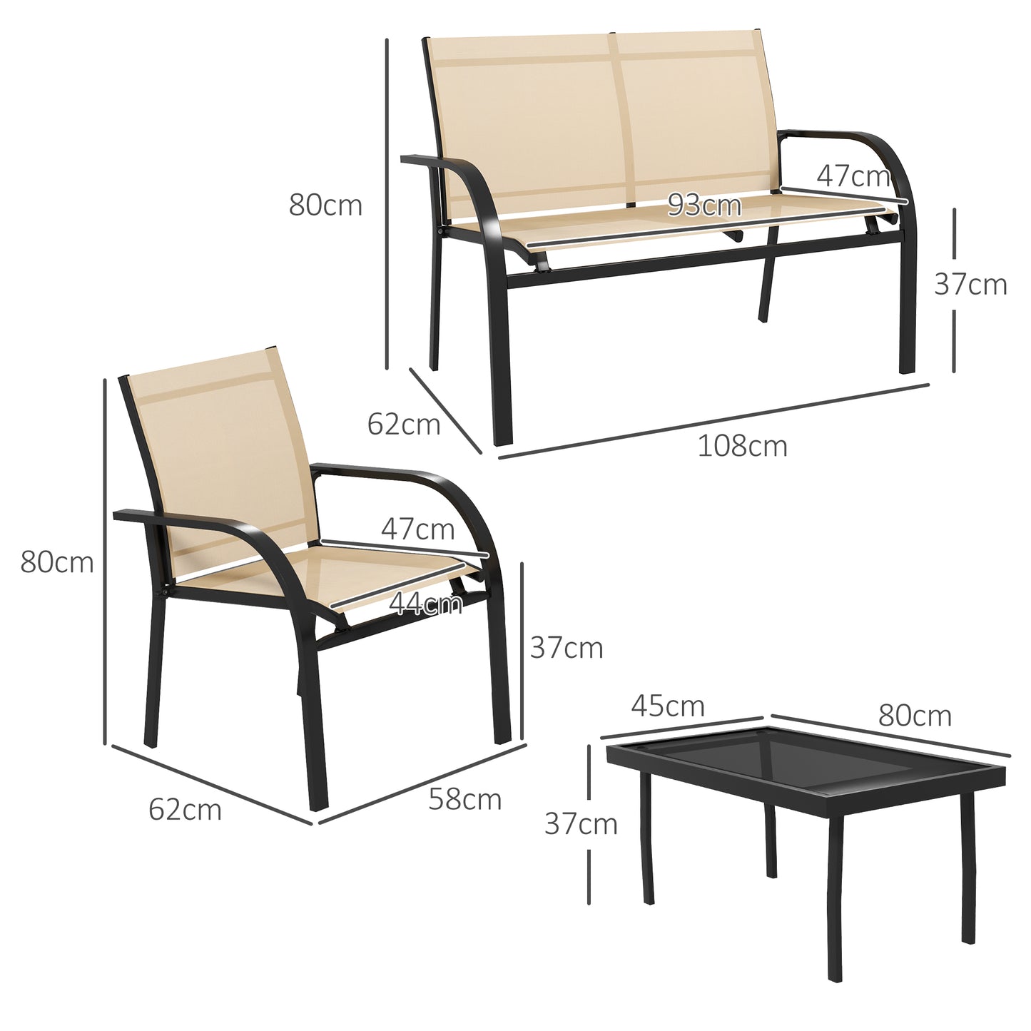 Outsunny 4 Pcs Curved Steel Outdoor Furniture Set w/ Loveseat, 2 Texteline Seats, Glass Top Table Garden Balcony Patio Furniture For Family Party Events Guests -Beige