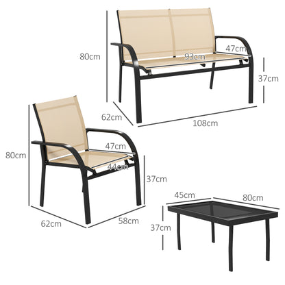 Outsunny 4 Pcs Curved Steel Outdoor Furniture Set w/ Loveseat, 2 Texteline Seats, Glass Top Table Garden Balcony Patio Furniture For Family Party Events Guests -Beige