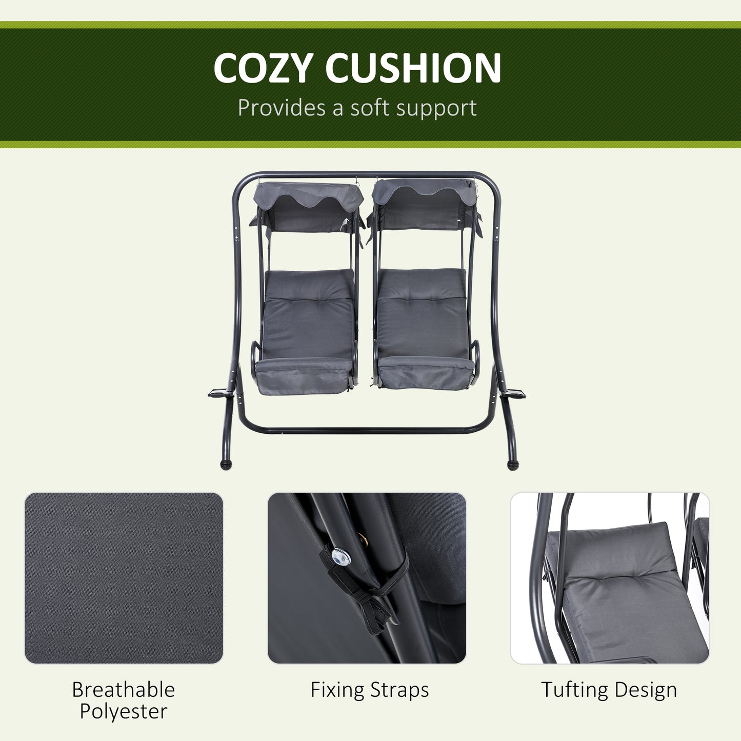 Outsunny Canopy Swing Modern Outdoor Relax Chairs w/ 2 Separate Chairs, Cushions and Removable Shade Canopy, Grey