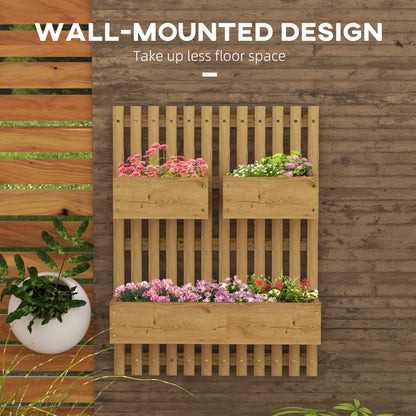 Outsunny Set of 2 Wall-mounted Wooden Garden Planters with Trellis, Drainage Holes and Movable Planter Boxes, Wall Raised Garden Bed for Patio, Carbonised