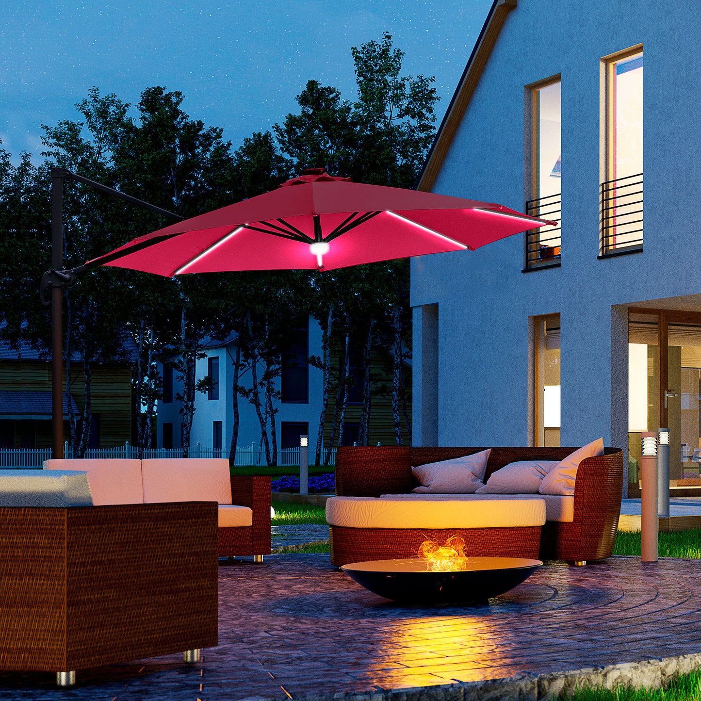 Outsunny 3(m) Cantilever Roma Parasol Adjustable Garden Sun Umbrella with LED Solar Light Cross Base 360° Rotating, Red