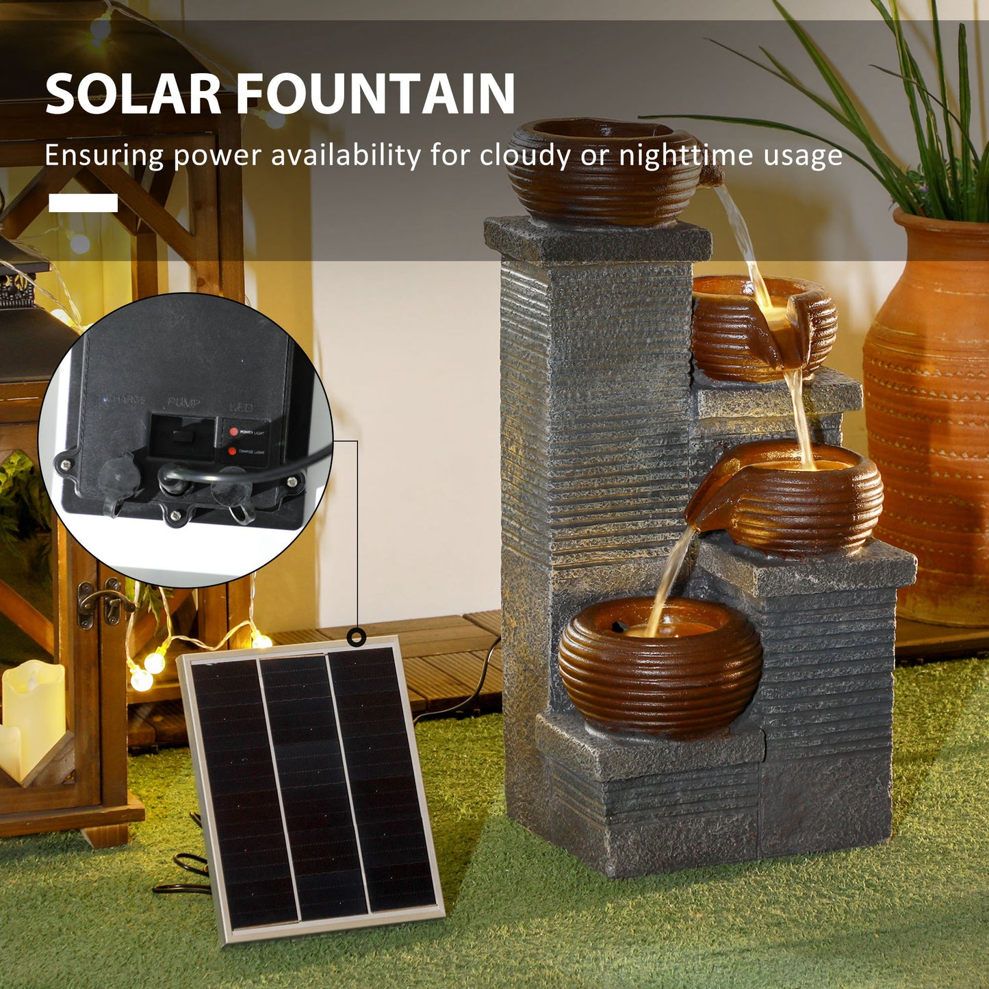 Outsunny Solar Powered Garden Water Feature with LED Lights and Pump, 4 Tier Cascading Water Fountain for Indoor/Outdoor, Bowls Waterfall Ornament, 58cm Height