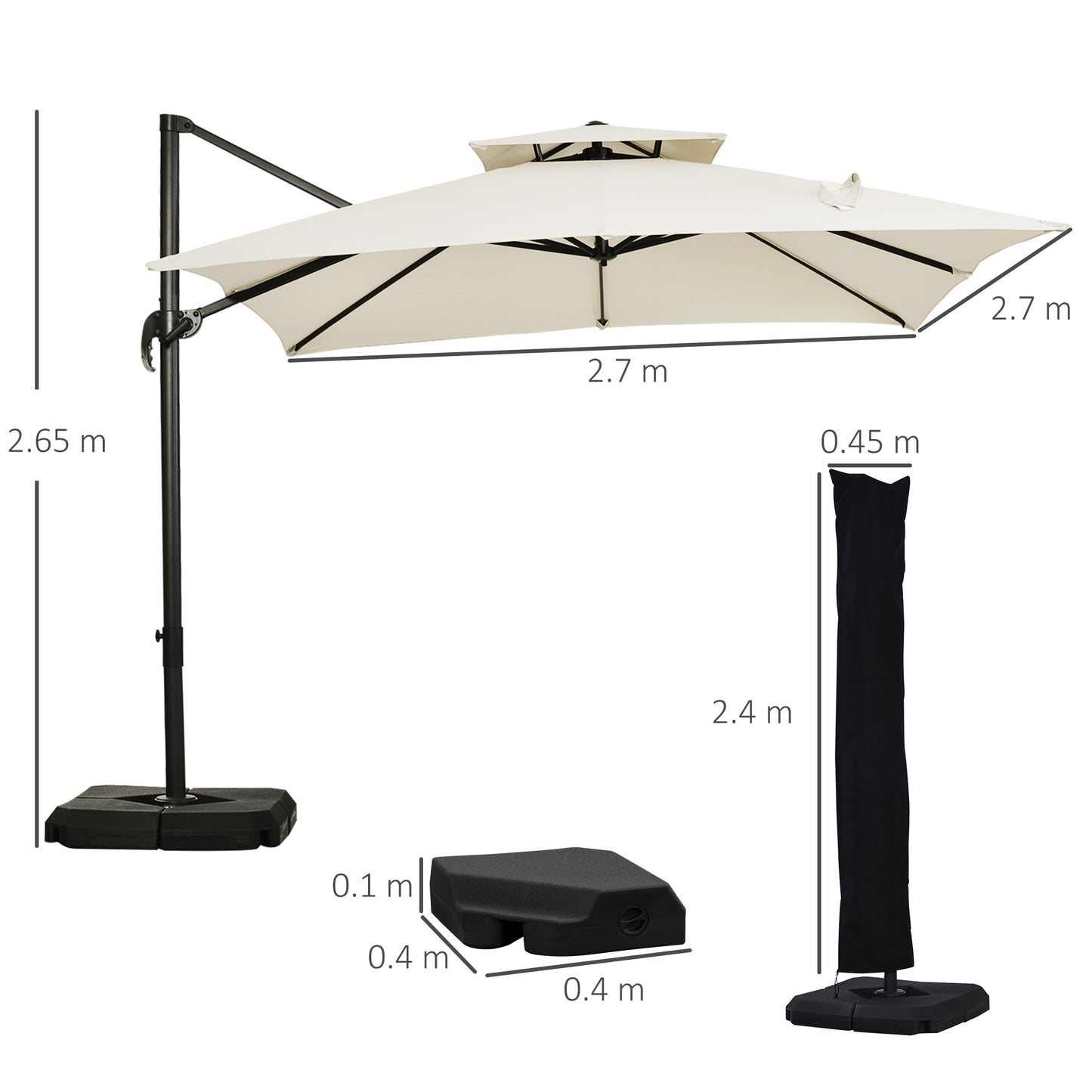 Outsunny 3 x 3(m) Garden Cantilever Parasol with Crank and Tilt, Square Overhanging Patio Umbrella with 360° Rotation, Base Weights and Cover, Beige