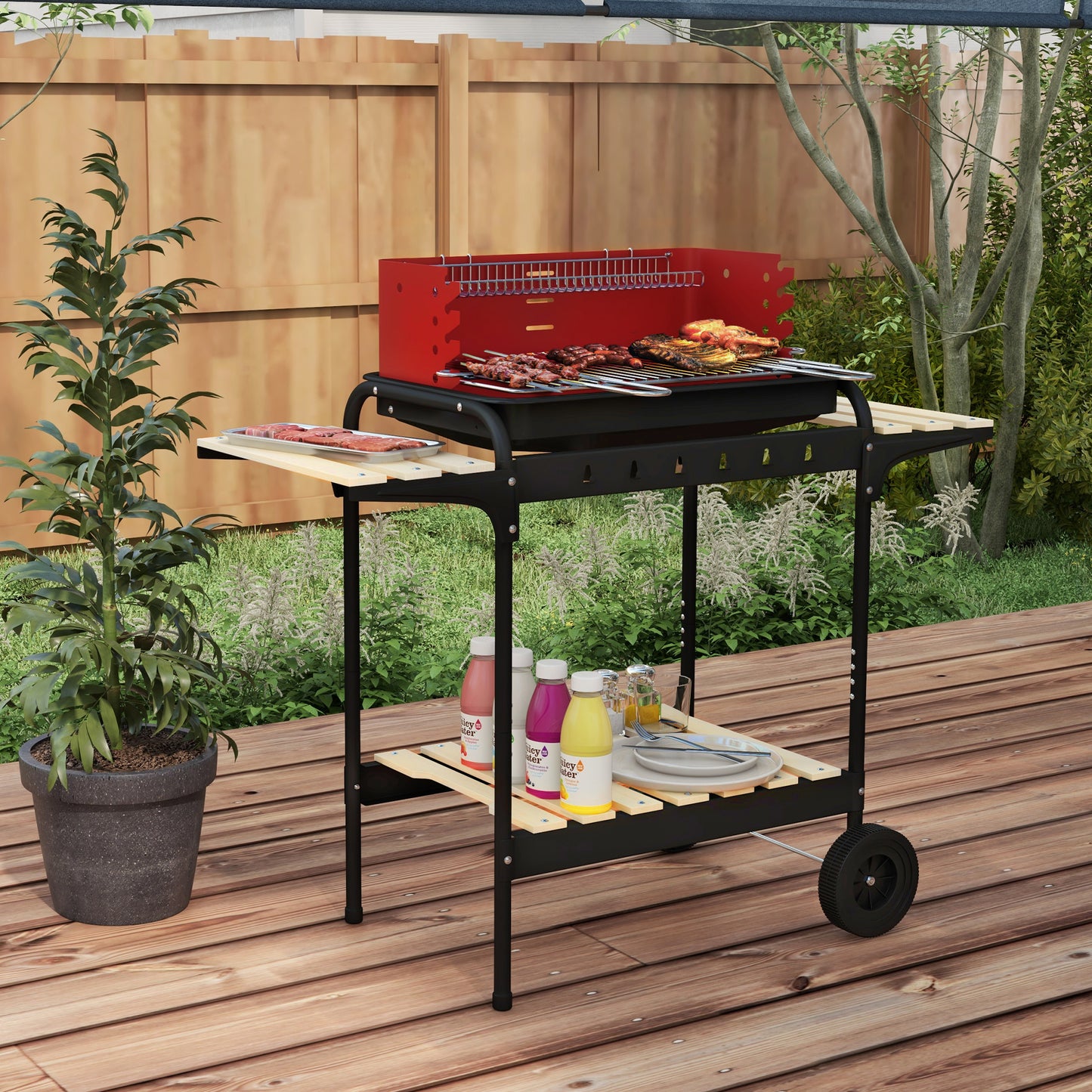 Outsunny Outdoor 5-Level Grill Height Charcoal Barbecue Grill Trolley, Red
