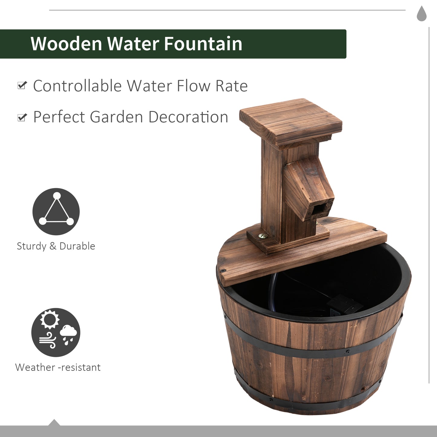 Outsunny Wood Barrel Pump Patio Water Fountain Water Feature Electric Garden