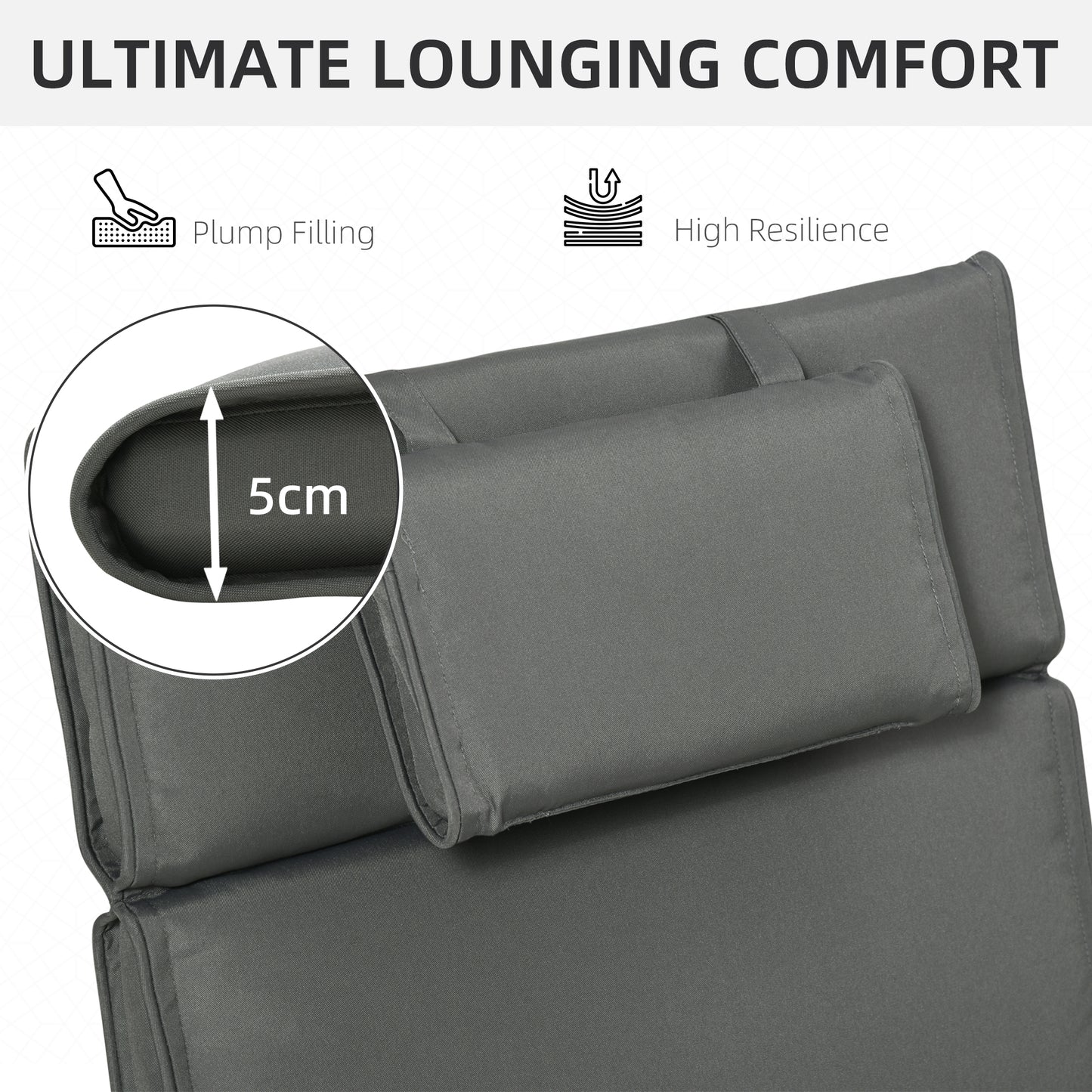 Outsunny Garden Sun Lounger Cushion Replacement Thick Sunbed Reclining Chair Relaxer Pad with Pillow - Grey