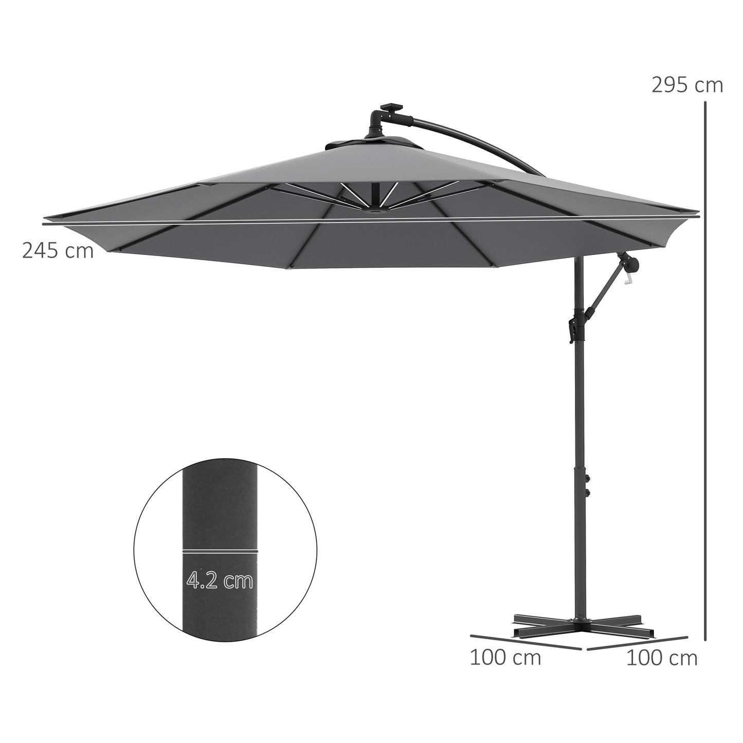 Outsunny 3(m) Cantilever Parasol with Solar LED Lights, Garden Umbrella with Cross Base and Crank Handle, Hanging Offset Banana Sun Shade for Outdoor, Patio, Grey