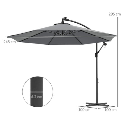 Outsunny 3(m) Cantilever Parasol with Solar LED Lights, Garden Umbrella with Cross Base and Crank Handle, Hanging Offset Banana Sun Shade for Outdoor, Patio, Grey