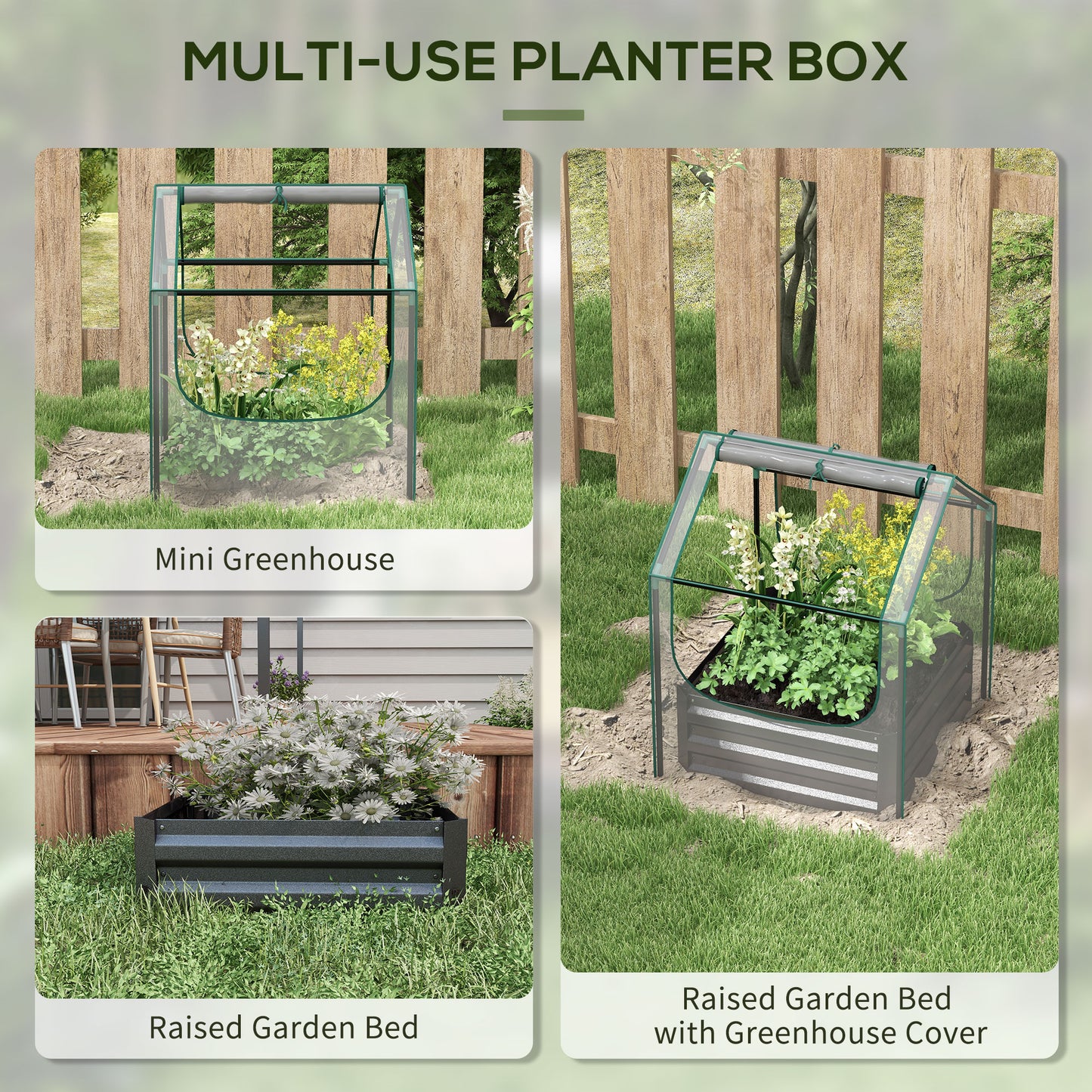 Outsunny Raised Planter Box with Greenhouse Cover, Metal Garden Bed for Vegetables and Herbs, Clear/Dark Grey