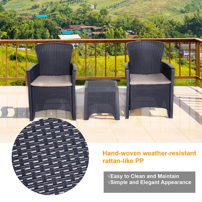 Outsunny 3 PCS Rattan Effect Garden Bistro Set  2 Chairs & Coffee Table Set with Cushion Patio Lawn Balcony Furniture - Dark Brown