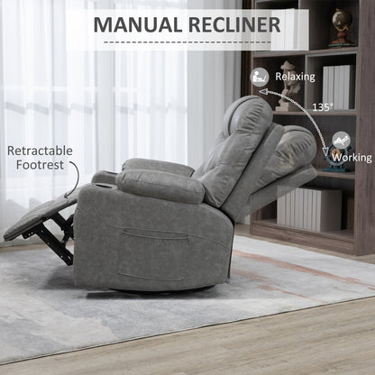 HOMCOM Manual Reclining Chair, Recliner Armchair with Faux Leather, Footrest, Cup Holders, 86x93x102cm, Grey