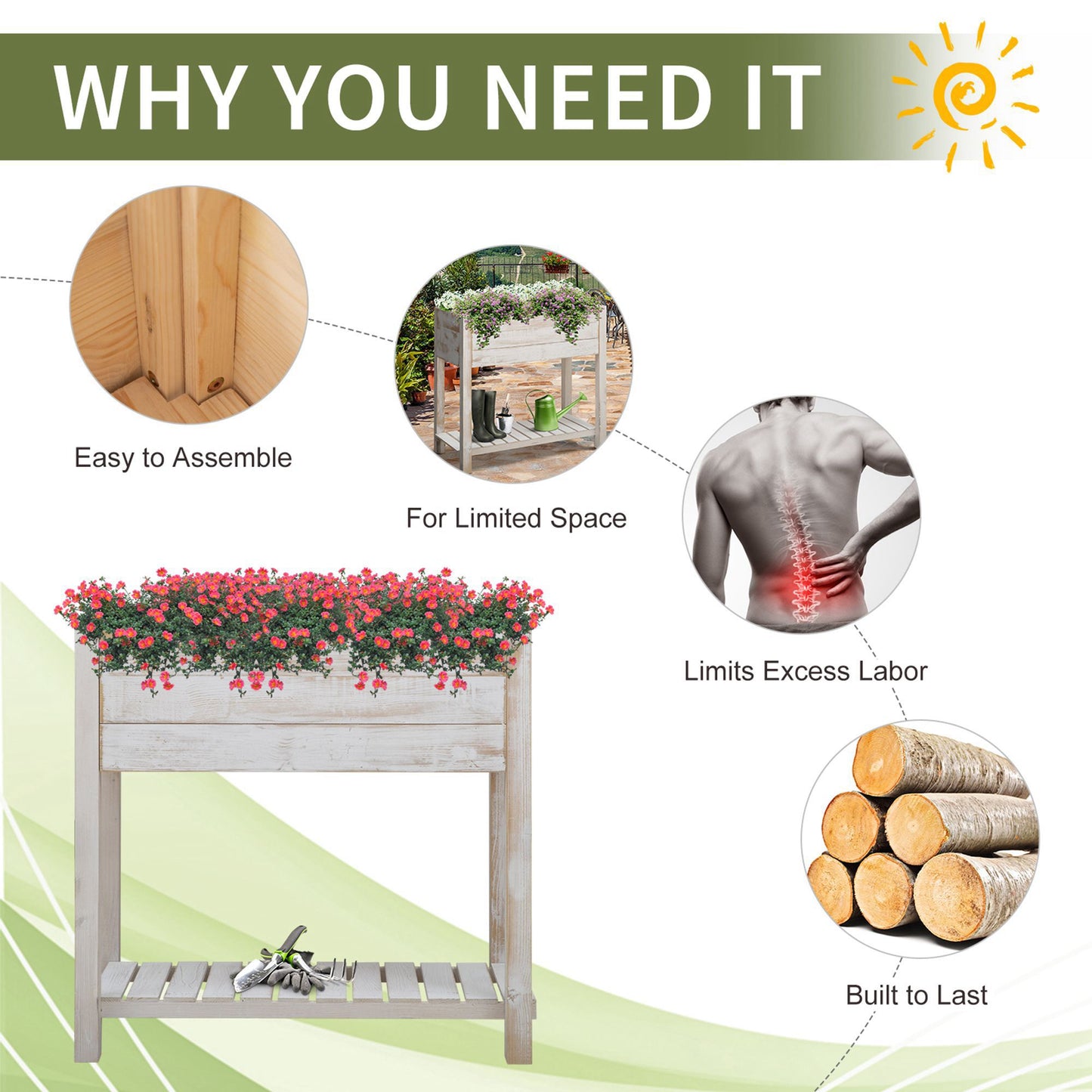 Outsunny Tiered Raised Planter: Elevated Gardening Bed with Pockets for Veggies, Flowers & Herbs, White