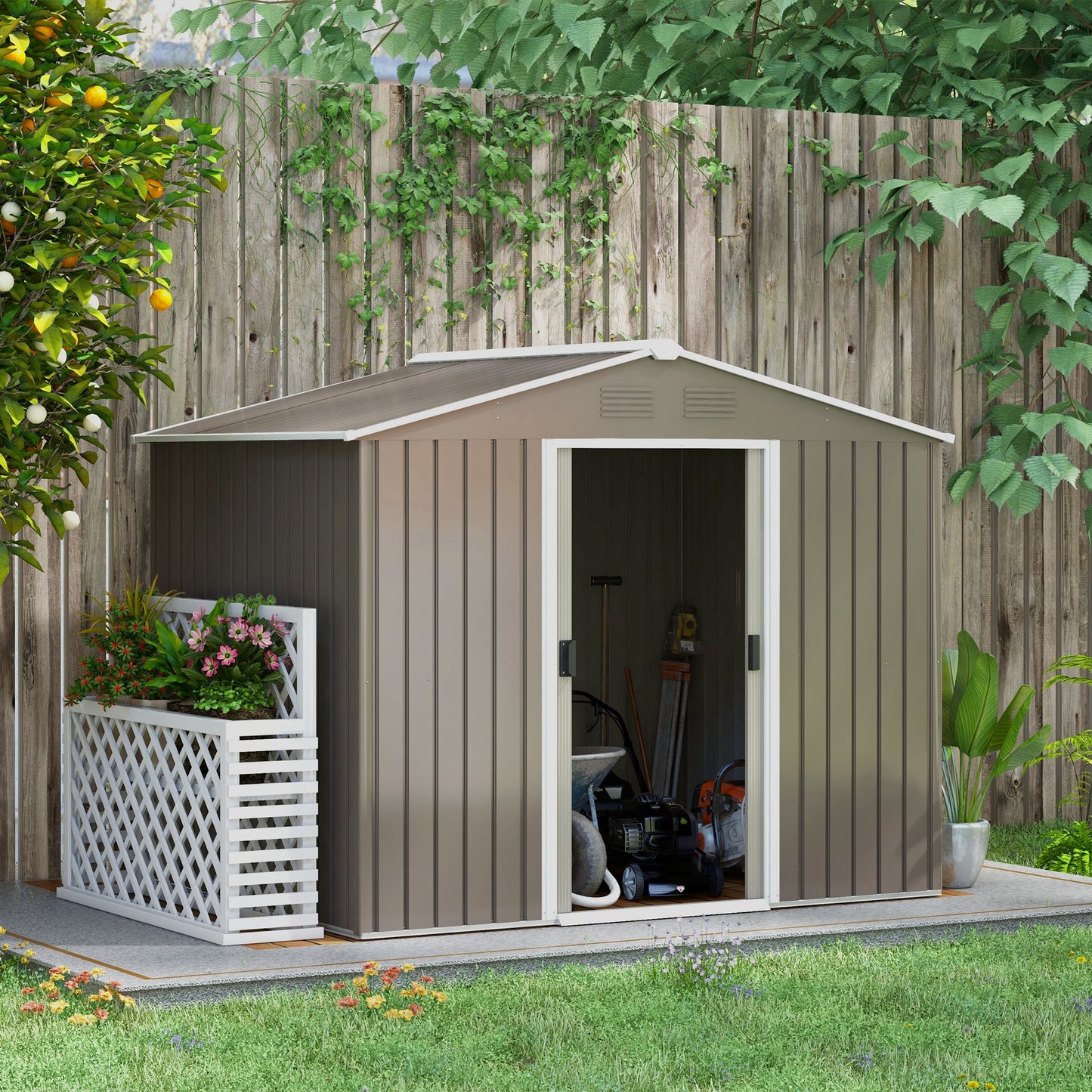 Outsunny 8 x 6ft Outdoor Garden Storage Shed, Metal Tool House with Ventilation and Sliding Doors, Light Grey