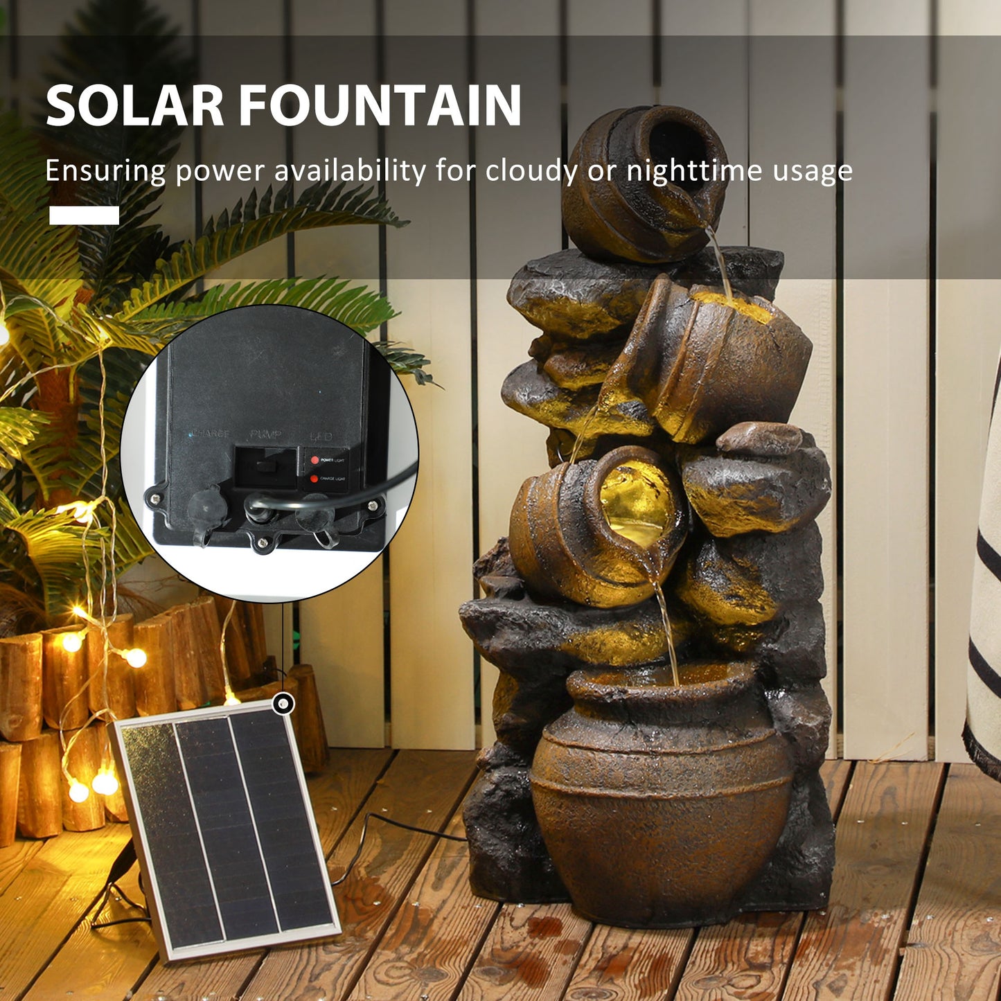 Outsunny Solar Powered Garden Water Feature with LED Lights and Pump, 4 Tier Cascading Water Fountain for Indoor/Outdoor, Jars Waterfall Ornament, 72cm Height