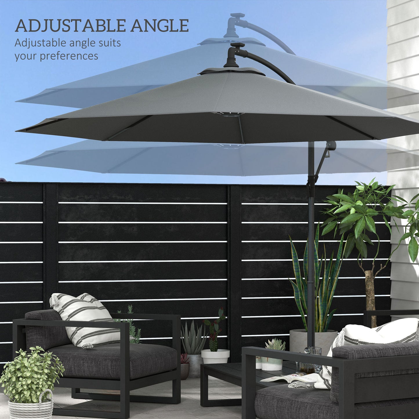 Outsunny 3(m) Cantilever Parasol with Solar LED Lights, Garden Umbrella with Cross Base and Crank Handle, Hanging Offset Banana Sun Shade for Outdoor, Patio, Grey