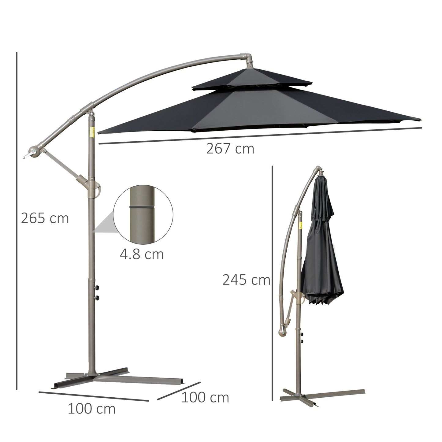 Outsunny Cantilever Parasol: 2.7m Banana Umbrella with Crank Handle, Double-Tier Canopy, Cross Base, Hanging Sun Shade, Black