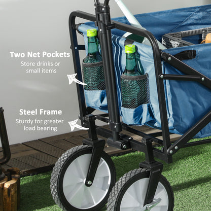 Outsunny Folding Wagon Cart, Pull Along Trolley for Beach and Garden Use, with Telescopic Handle, Blue