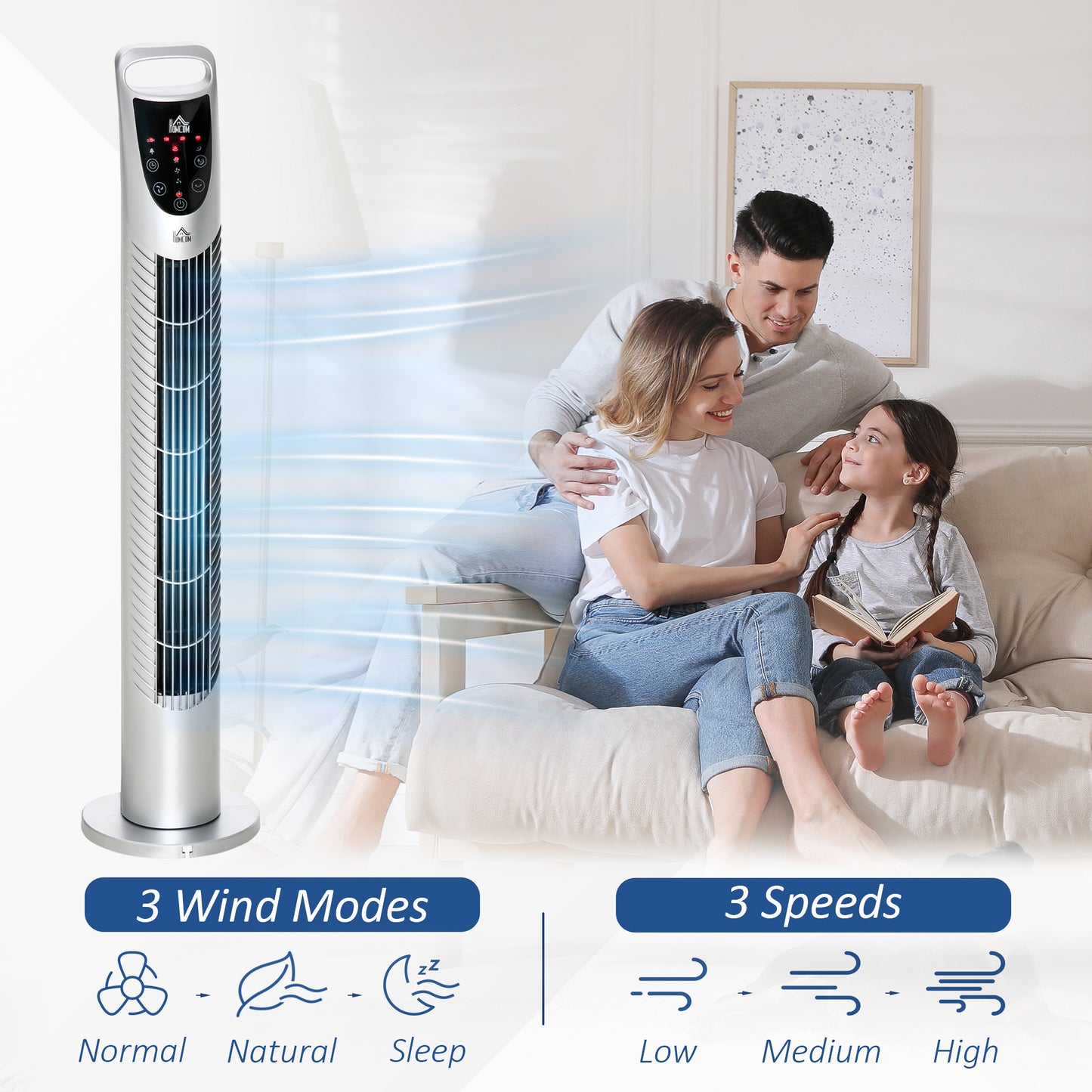 HOMCOM Oscillating Tower Fan, 3 Speeds, 3 Wind Modes, 40W with Remote Control, Timer, Quiet Operation, Silver, 78.5H cm