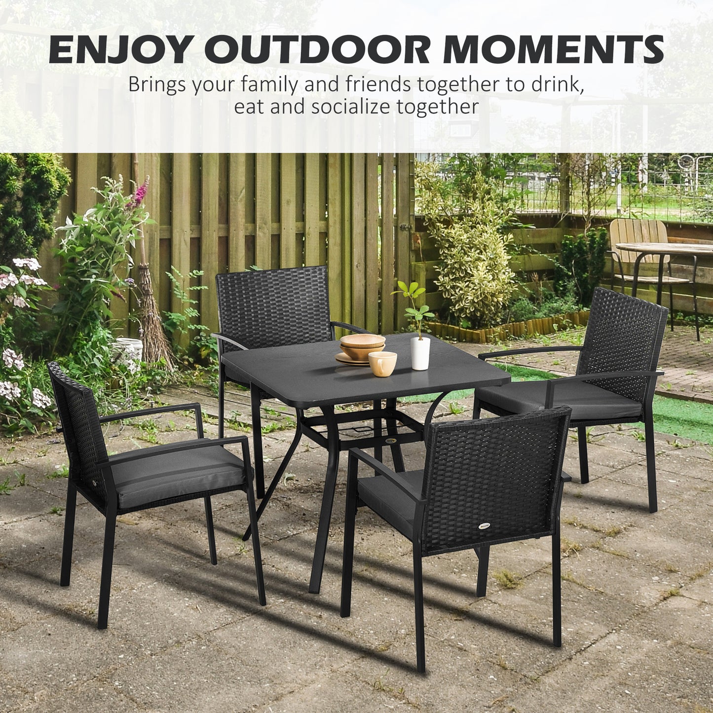 Outsunny 4 Seater Rattan Garden Furniture Set 5 Pieces Outdoor Dining Set with Cushions, Umbrella Hole - Black