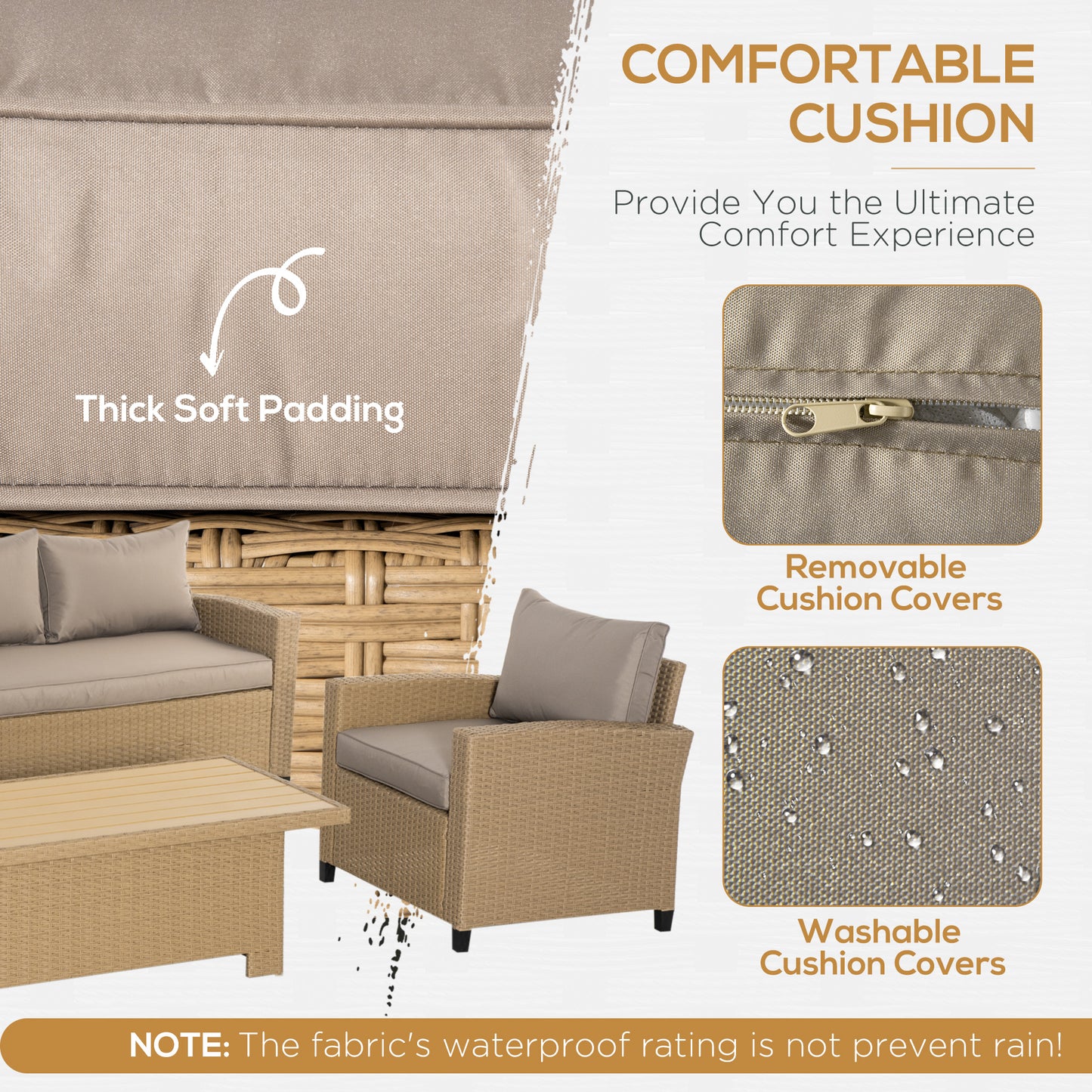 Outsunny Rattan Garden Sofa Set, 5-Seater Patio Conversation Set with Aluminium Frame & Wood Effect Table, Grey