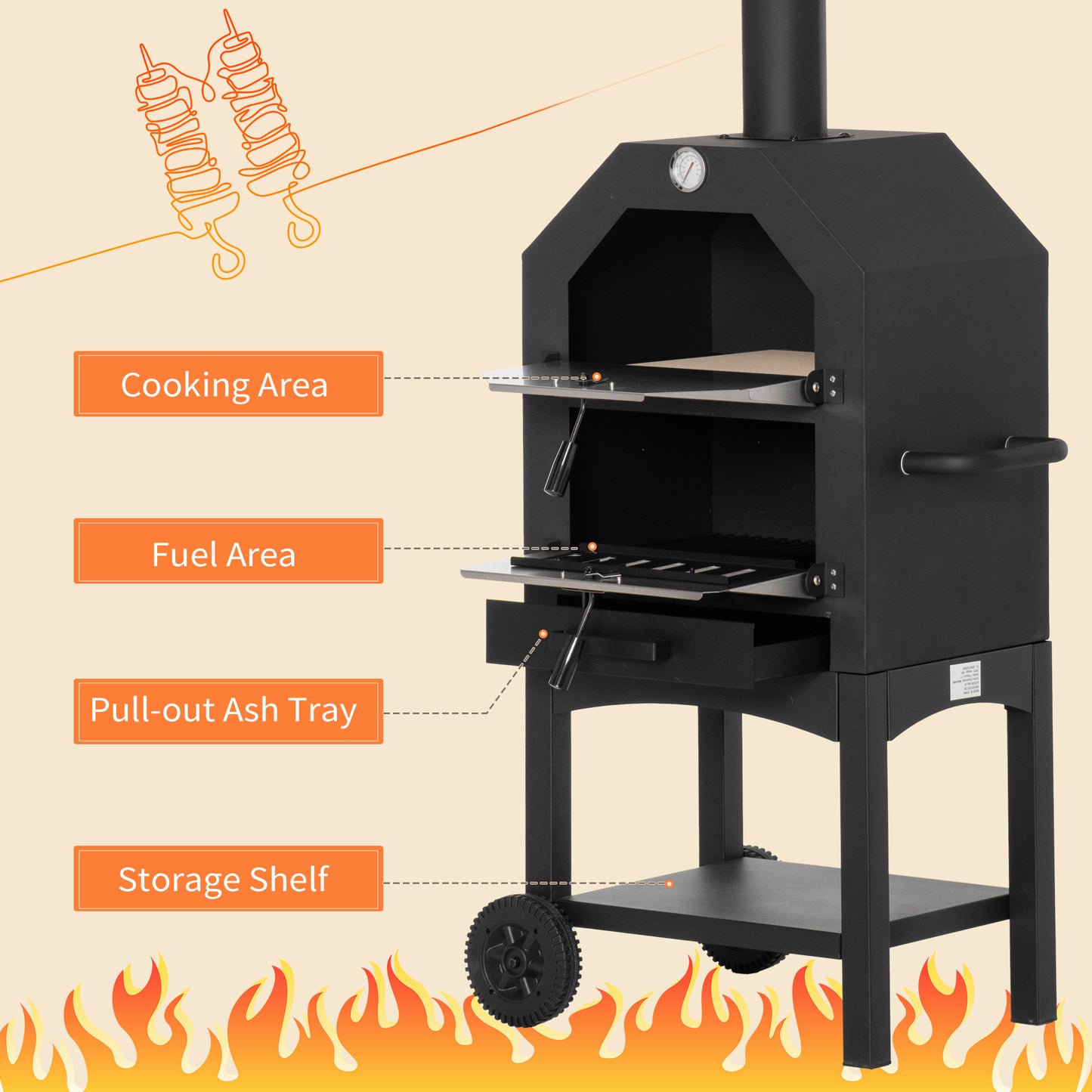Outsunny Outdoor Garden Pizza Oven Charcoal BBQ Grill 3-Tier Freestanding w/Chimney, Mesh Shelf, Thermometer Handles, Wheels Garden Party Gathering