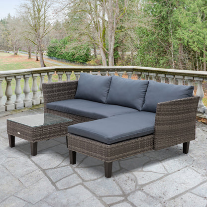 Outsunny 4-Seater Garden Sofa PE Rattan Set w/ 2 Seats Square Glass Top Coffee Table Thick Cushions Solid Legs Metal Frame Patio L Corner Shape, Grey