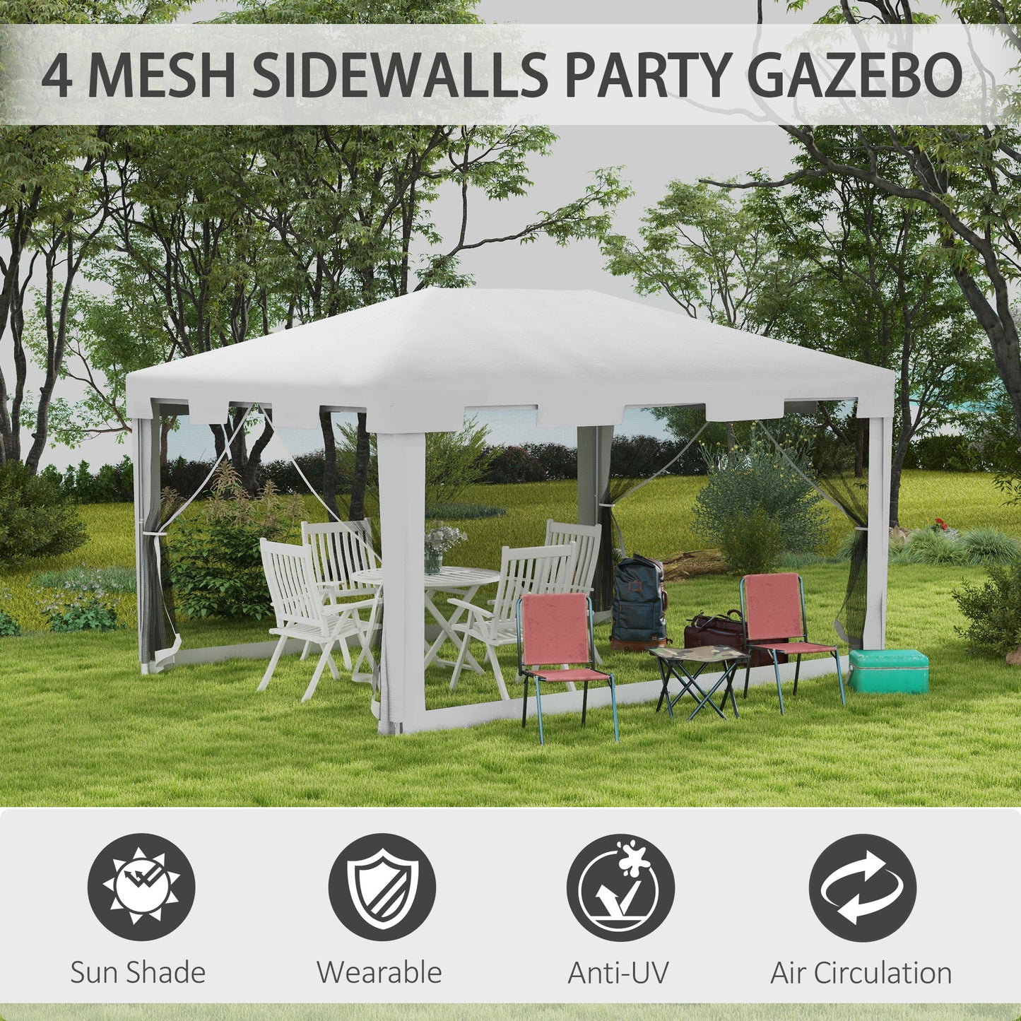 Outsunny 4x3 m Waterproof Gazebo W/Mesh Sides-White/Black