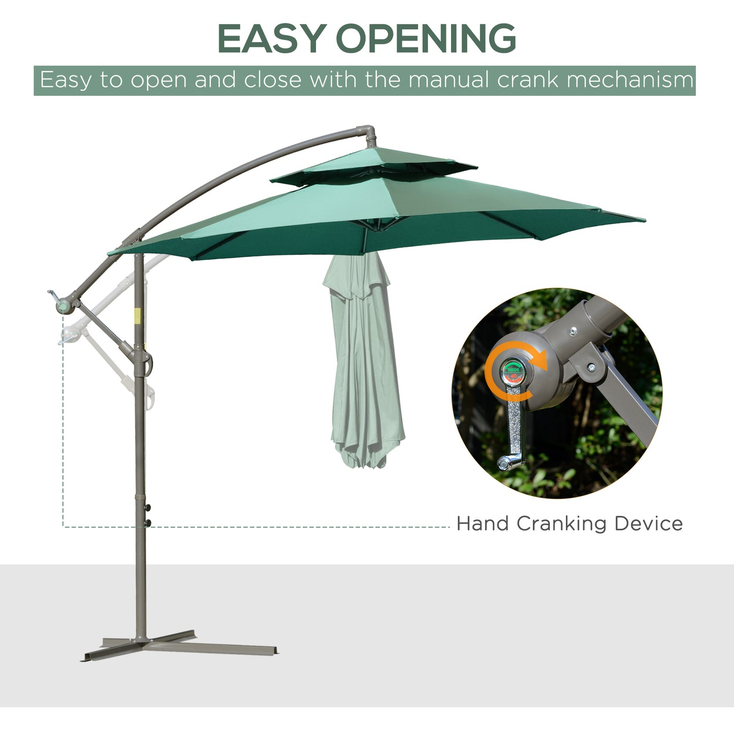 Outsunny 2.7m Cantilever Banana Parasol with Crank Handle, Double Tier Canopy & Cross Base, Outdoor Hanging Sun Shade, Green