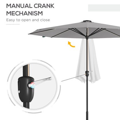 Outsunny Patio Umbrella with Solar-Powered LED Lights, Outdoor Parasol with Crank Handle, Light Grey