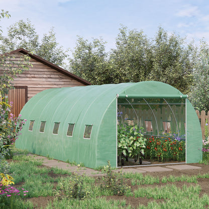 Outsunny 6 x 3 x 2 m Large Walk-In Greenhouse Garden Polytunnel Greenhouse with Steel Frame, Zippered Door and Roll Up Windows, Green