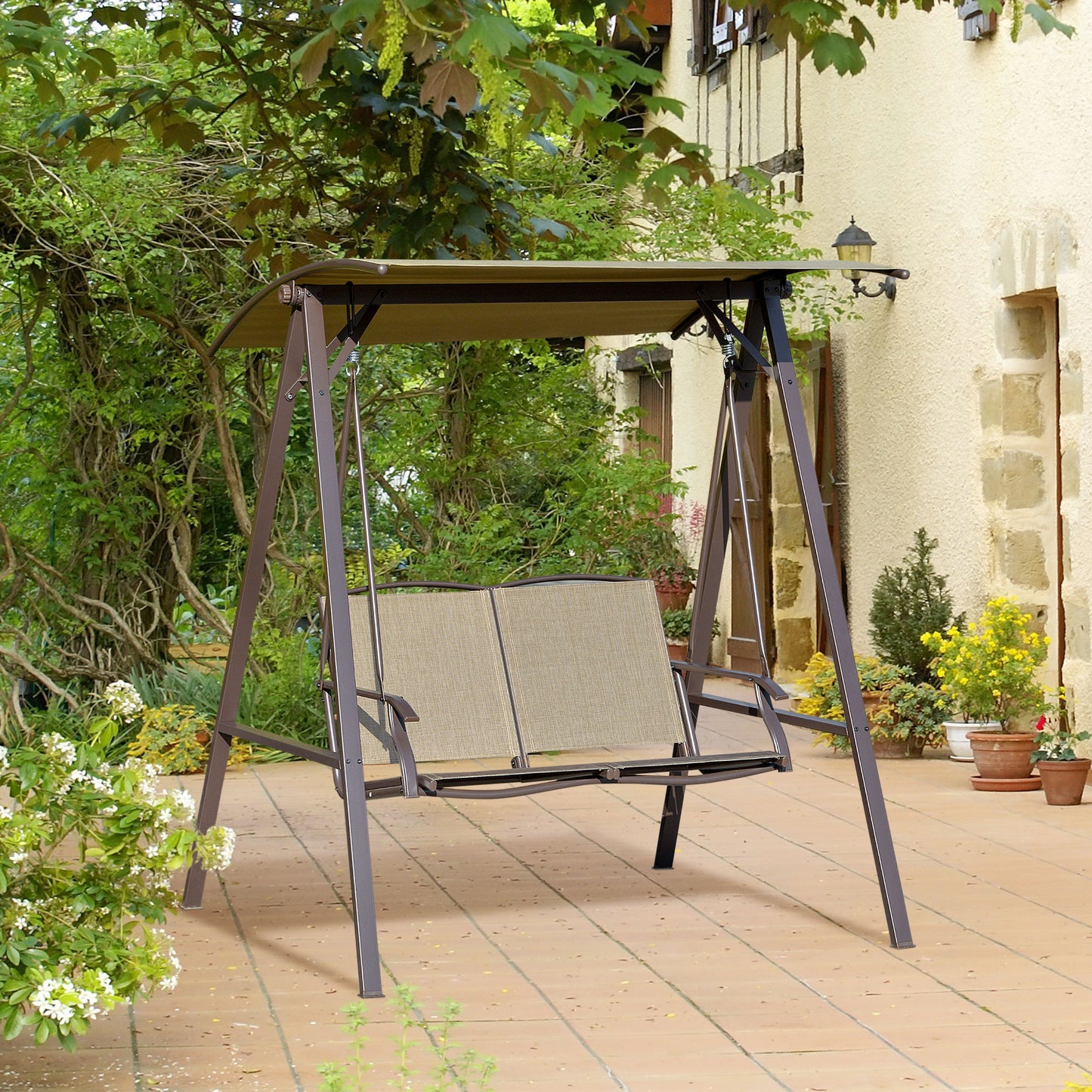 Outsunny 2 Seater Garden Swing Chair, Outdoor Canopy Swing Bench with Adjustable Shade and Metal Frame, Brown
