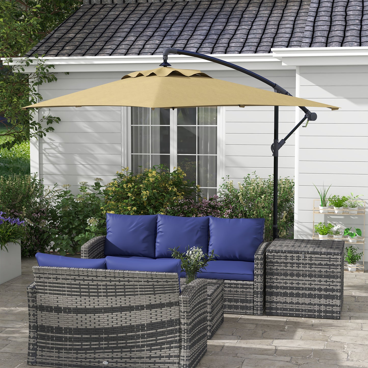 Outsunny Cantilever Parasol: Crank-Operated, 6 Ribs, Cross Base, Rectangular Banana Hanging Umbrella, 3x2m, Brown