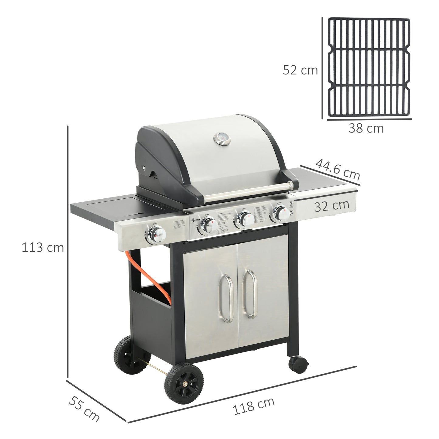 Outsunny Gas Barbecue Grill 3+1 Burner Garden Smoker BBQ Trolley w/ Side Burner Warming Rack Side Shelves Piezo Ignition Thermometer