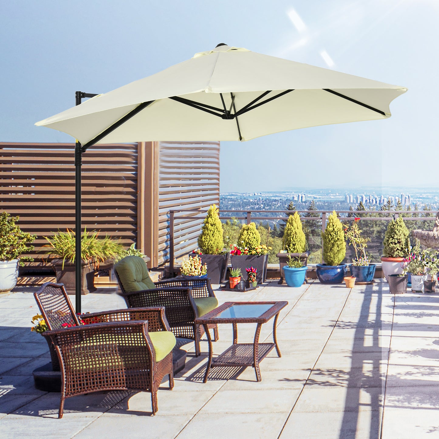 Outsunny Cantilever Garden Parasol with 360° Rotation, Offset Roma Patio Umbrella, Sun Shade Canopy with Cross Base, Beige