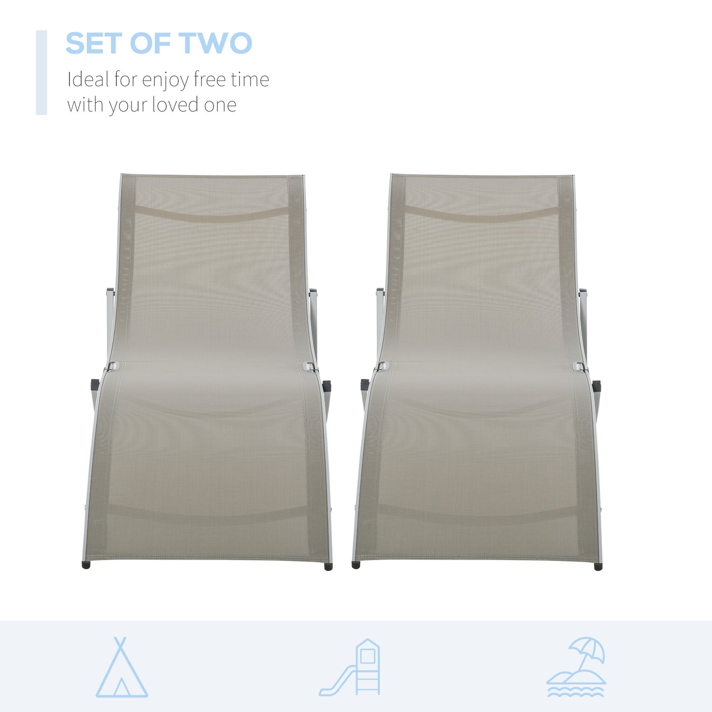 Outsunny Set of 2 S-shaped Foldable Lounge Chair Sun Lounger Reclining Outdoor Chair for Patio Beach Garden Light Grey