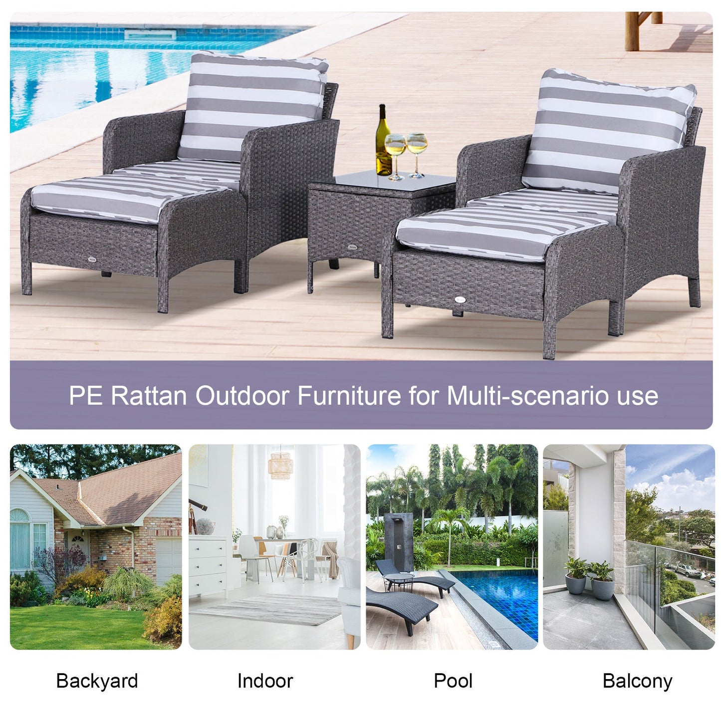 Outsunny Rattan Garden Set: 2 Seater with Armchairs, Stools, Glass-Top Table, Cushions, Wicker Weave, Outdoor Seating