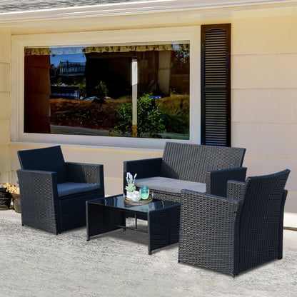 Outsunny 4-Seater Rattan Sofa Set Garden Furniture Wicker Weave 2-seater Bench Chair & Coffee Table Conservatory Furniture, Black