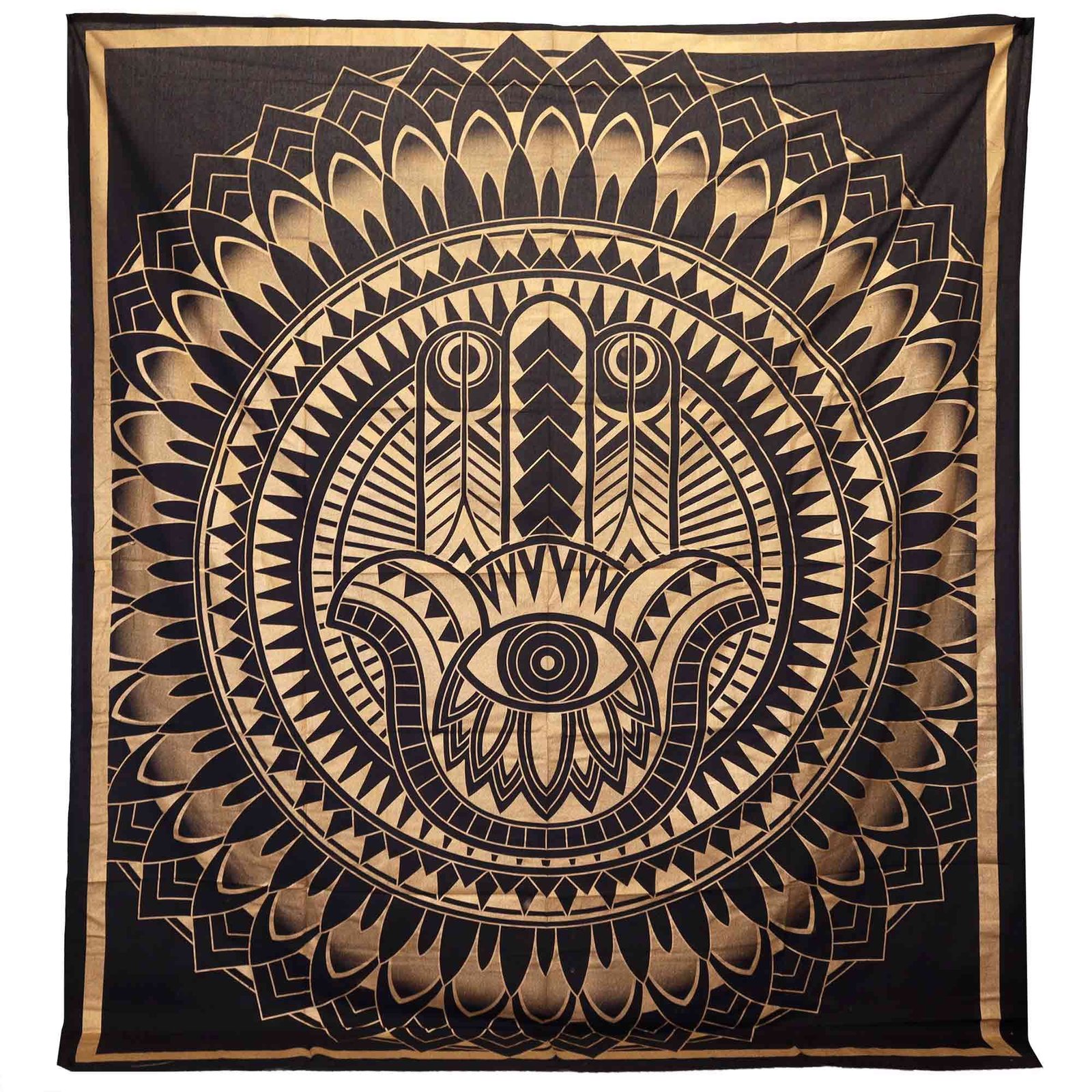 bG9jYWw6Ly9tZWRpYS85TS9DQy82MFIzMEMxRzZXVDNDQzlNLzdjMTkwNjVhLmpwZWc-3.jpg Double Cotton Bedspread + Wall Hanging - Hamsa - Black Gold - Image 1