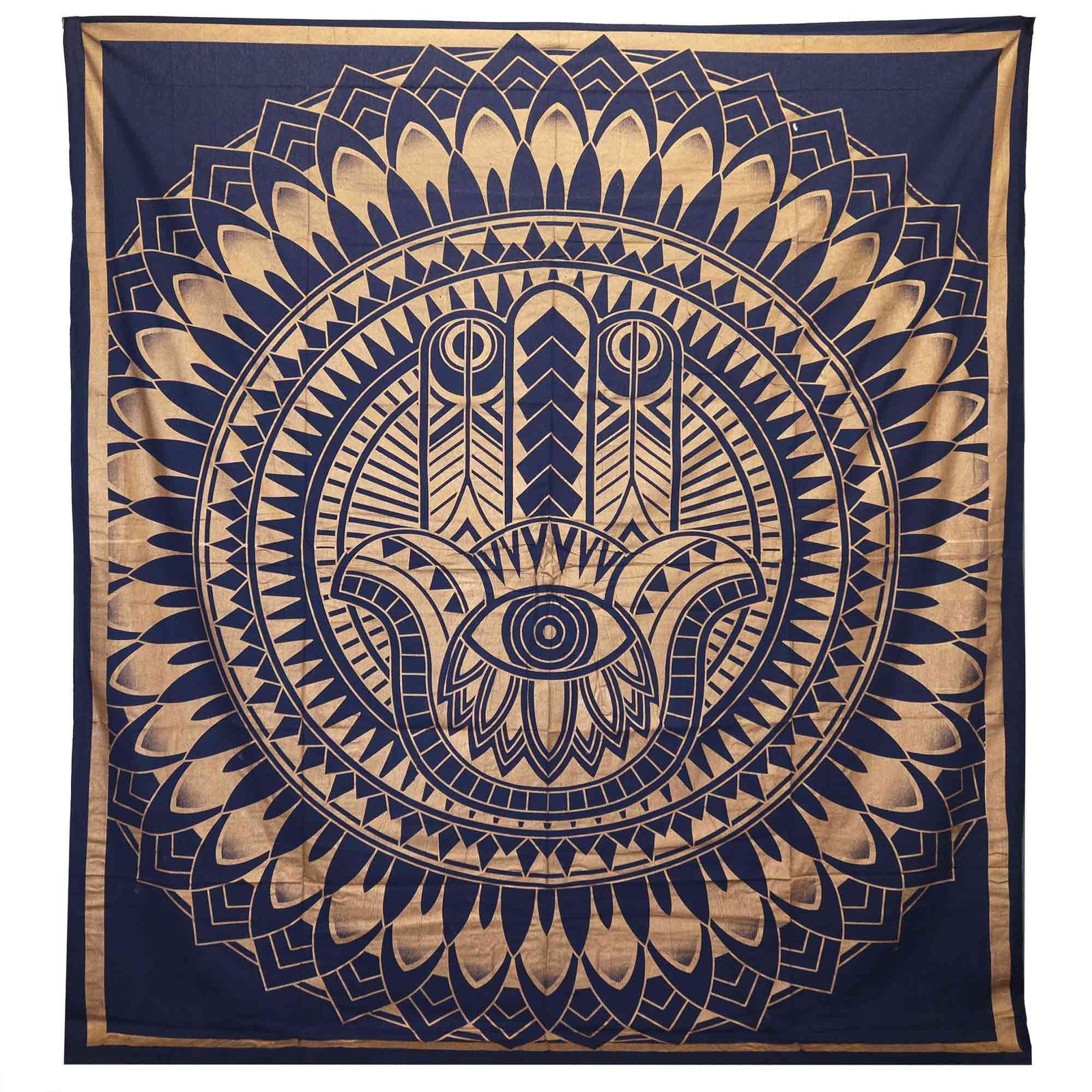 bG9jYWw6Ly9tZWRpYS85UC9DQy82MFIzMEMxRzZXVDNDQzlQLzJmNmM3MmZkLmpwZWc-1.jpg Double Cotton Bedspread + Wall Hanging - Hamsa - Blue Gold - Image 1