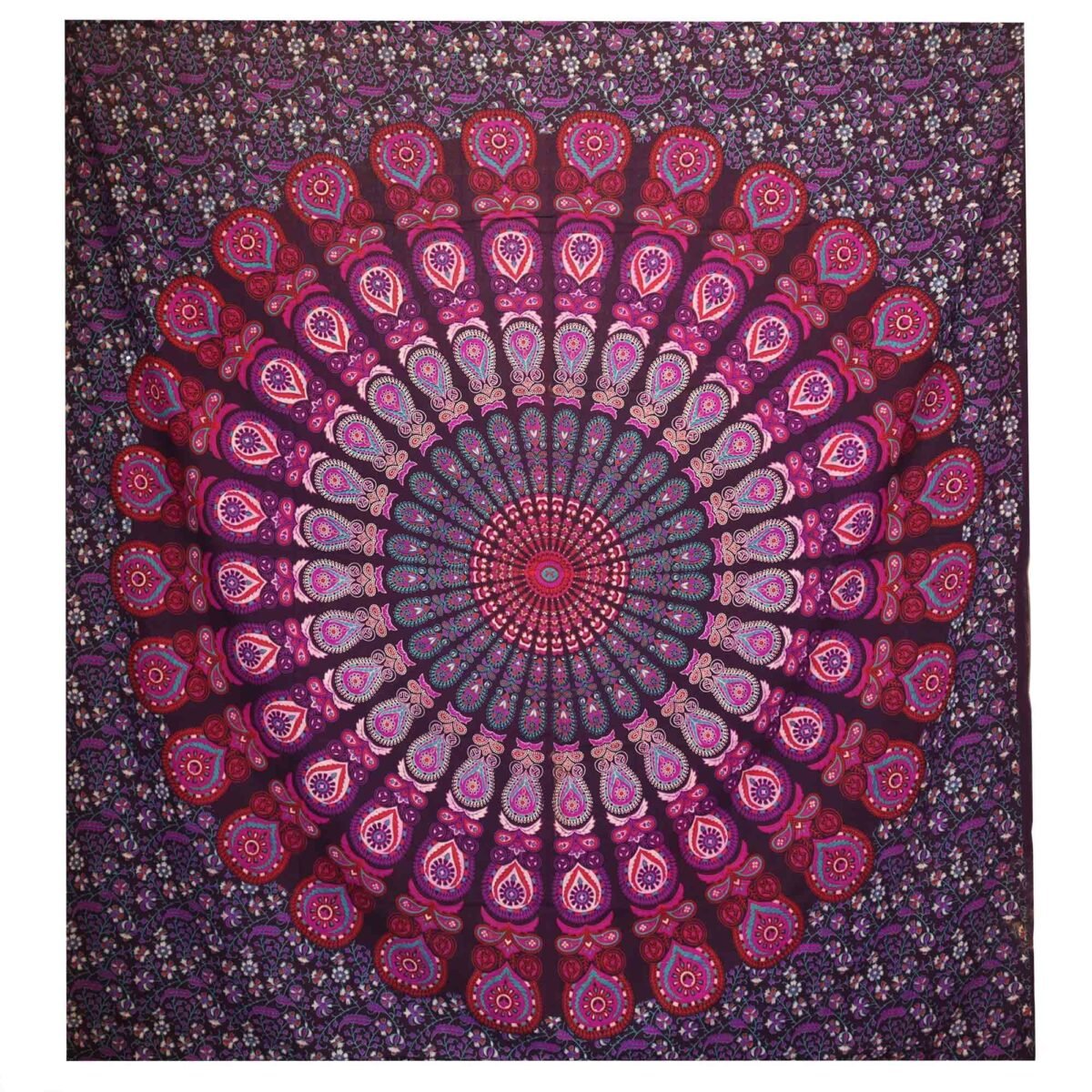 Double Cotton Bedspread + Wall Hanging - Peacock Mandala - Purple - Image 1