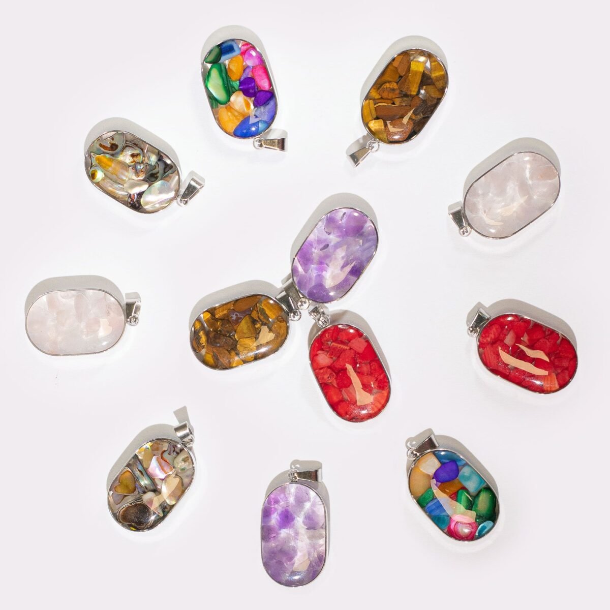 Steel Cased Pendant Ovals - 12 Assorted Gemstone Chips & Shells - Image 1